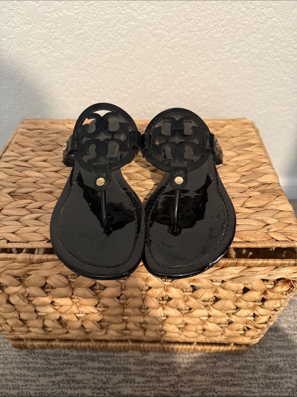 Tory Burch Black Patent Leather Logo Thong Sandals